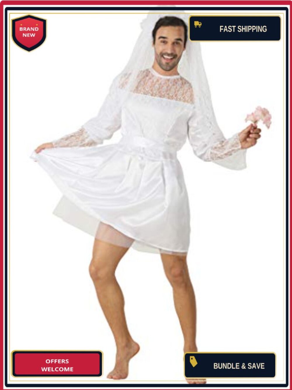 Men's Funny Bride Costume Dress & Veil Elastic Waist Cosplay Party